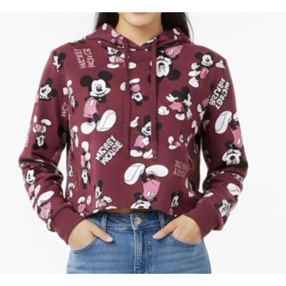 Disney Mickey Mouse Women’s Hoodie Cropped Burgundy Medium M Cotton Blend Casual